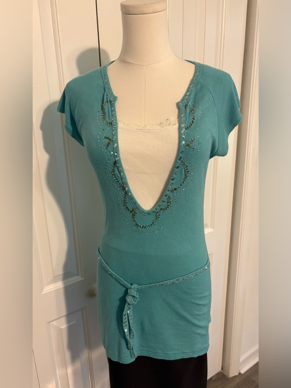 KENSIE Teal Blue Short Sleeve Deep V-neck Top with Silver Beads & Sequins